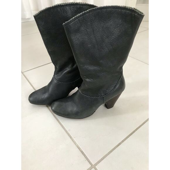 All Black Leather Pull On Calf Boots Green FLAWS - Picture 7 of 10